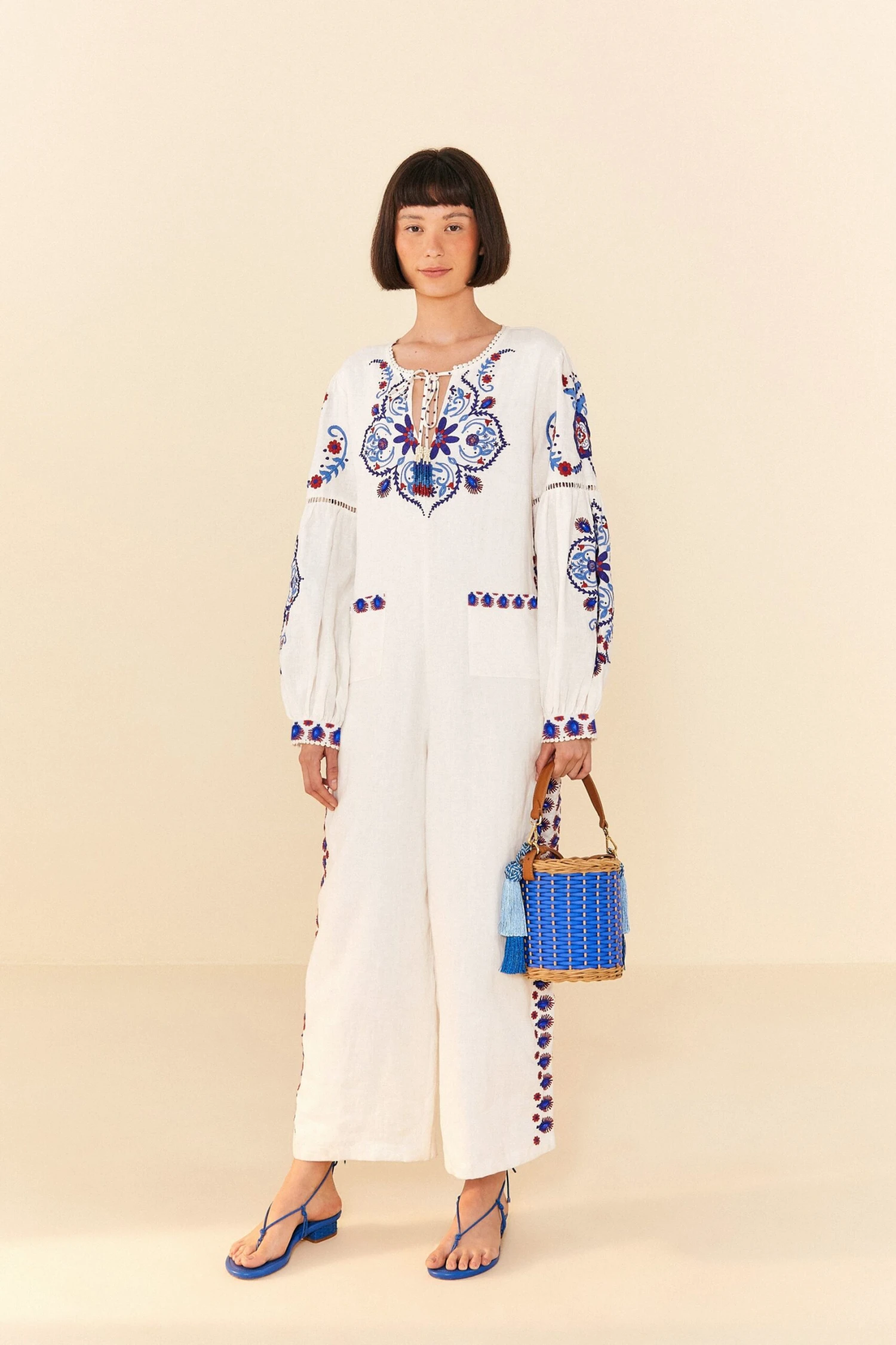 Farm Rio Off-White Navy Embroidered Jumpsuit 5 Farm Rio Off-White Navy Embroidered Jumpsuit - Image 3