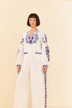 Farm Rio Off-White Navy Embroidered Jumpsuit
