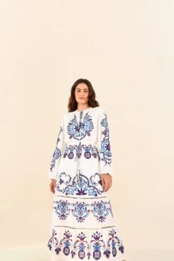 Farm Rio 42 Farm Rio Off-White Navy Embroidered Midi Dress