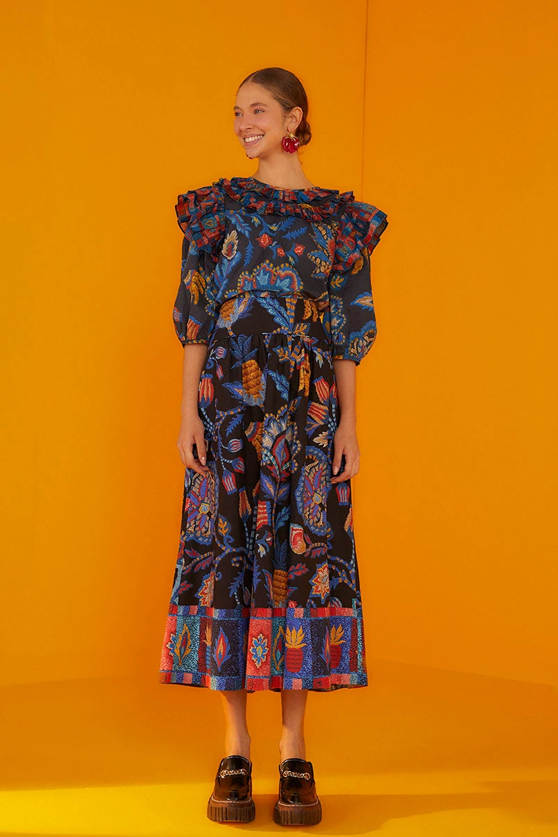 Farm Rio Black Sunset Tapestry Organic Cotton Midi Skirt 3 Farm Rio Black Sunset Tapestry Organic Cotton Midi Skirt