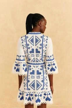 Farm Rio Blue And White Cross Stitch Mini Dress -Farm Rio 302324 04
