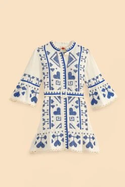 Farm Rio Blue And White Cross Stitch Mini Dress -Farm Rio 302324 06
