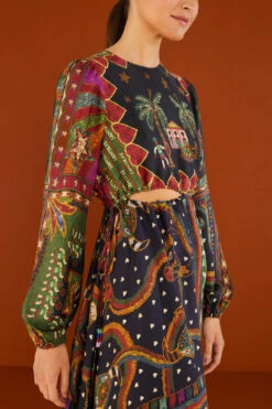 Farm Rio Shiny Mixed Scarves Cut Out Midi Dress 13 Farm Rio Shiny Mixed Scarves Cut Out Midi Dress -Farm Rio 303802 03 1