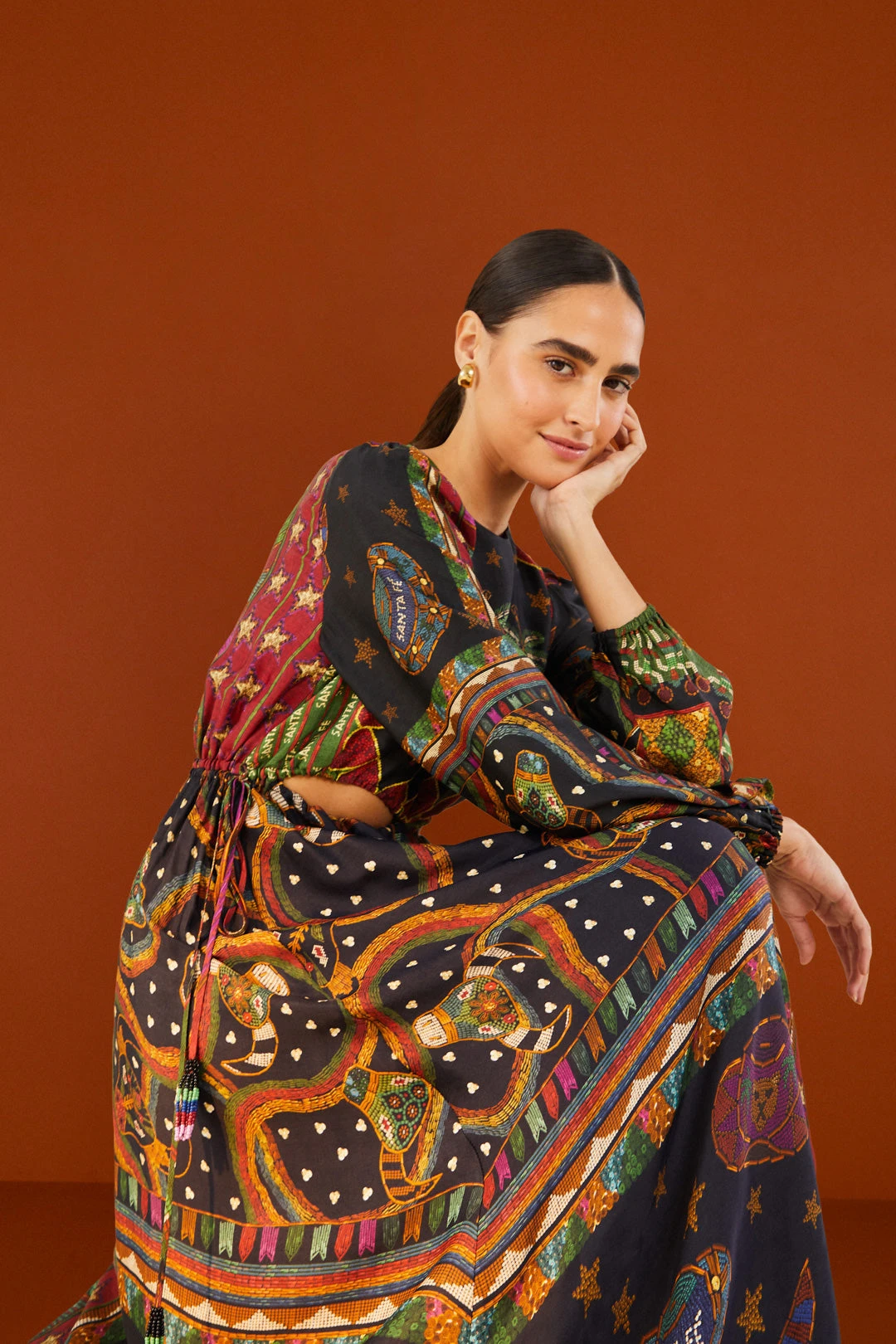 Farm Rio Shiny Mixed Scarves Cut Out Midi Dress 5 Farm Rio Shiny Mixed Scarves Cut Out Midi Dress - Image 3