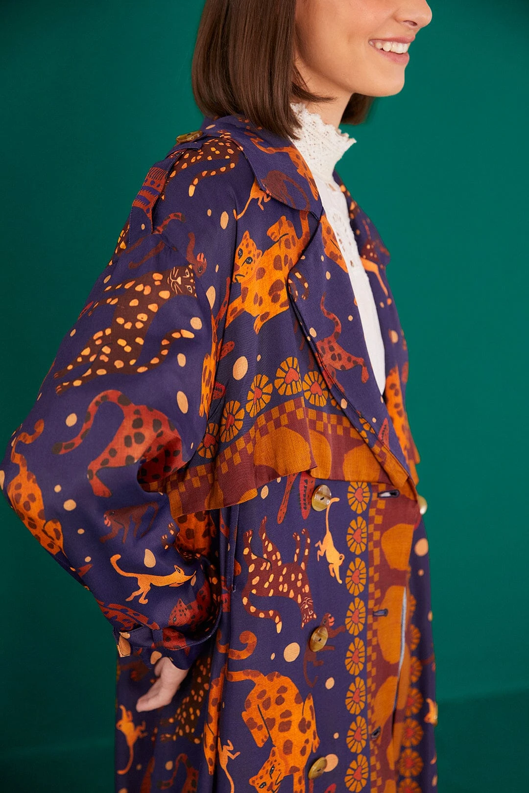 Farm Rio Navy Animal Sky Trench Coat 6 Farm Rio Navy Animal Sky Trench Coat - Image 4