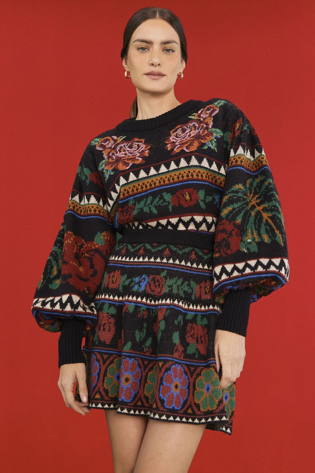 Farm Rio Black Flower Tapestry Sweater Skirt 3 Farm Rio Black Flower Tapestry Sweater Skirt