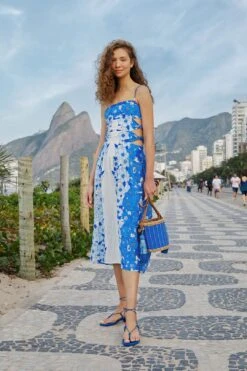 Farm Rio 28 Farm Rio Blue Flower Stripes Midi Dress