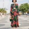 Farm Rio Black Blooming Garden Lenzing™ Ecovero™ Viscose Midi Dress -Farm Rio 306067 01