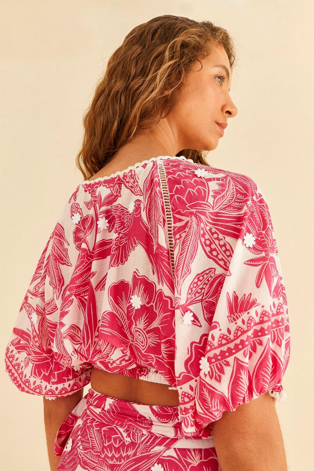 Farm Rio Pink Tropical Woodcut Crop Top 4 Farm Rio Pink Tropical Woodcut Crop Top - Image 2