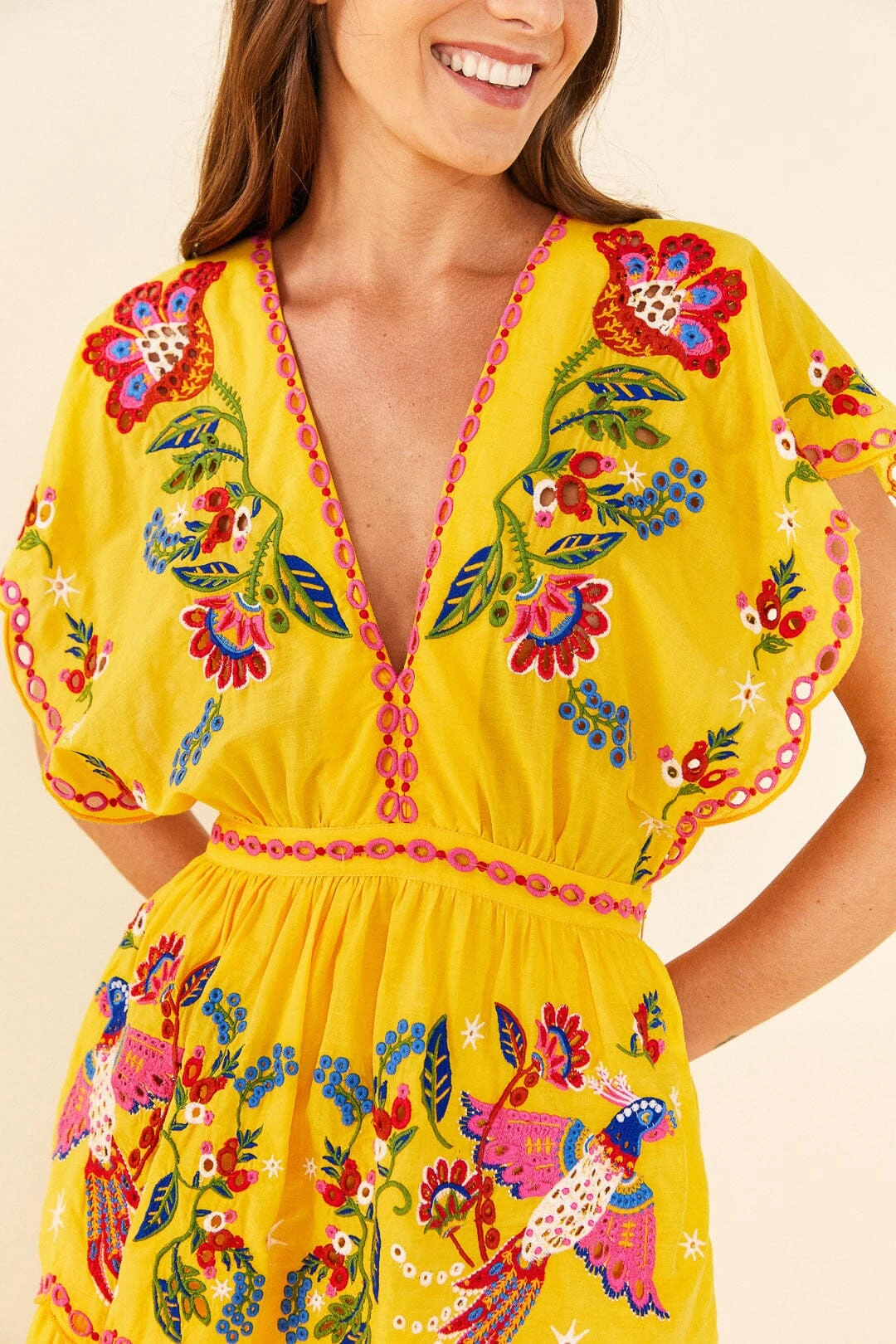 Farm Rio Yellow Embroidered Richelieu Midi Dress 4 Farm Rio Yellow Embroidered Richelieu Midi Dress - Image 2