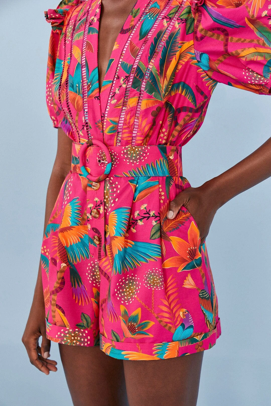 Farm Rio Pink Macaw Party Organic Cotton Romper 4 Farm Rio Pink Macaw Party Organic Cotton Romper - Image 2