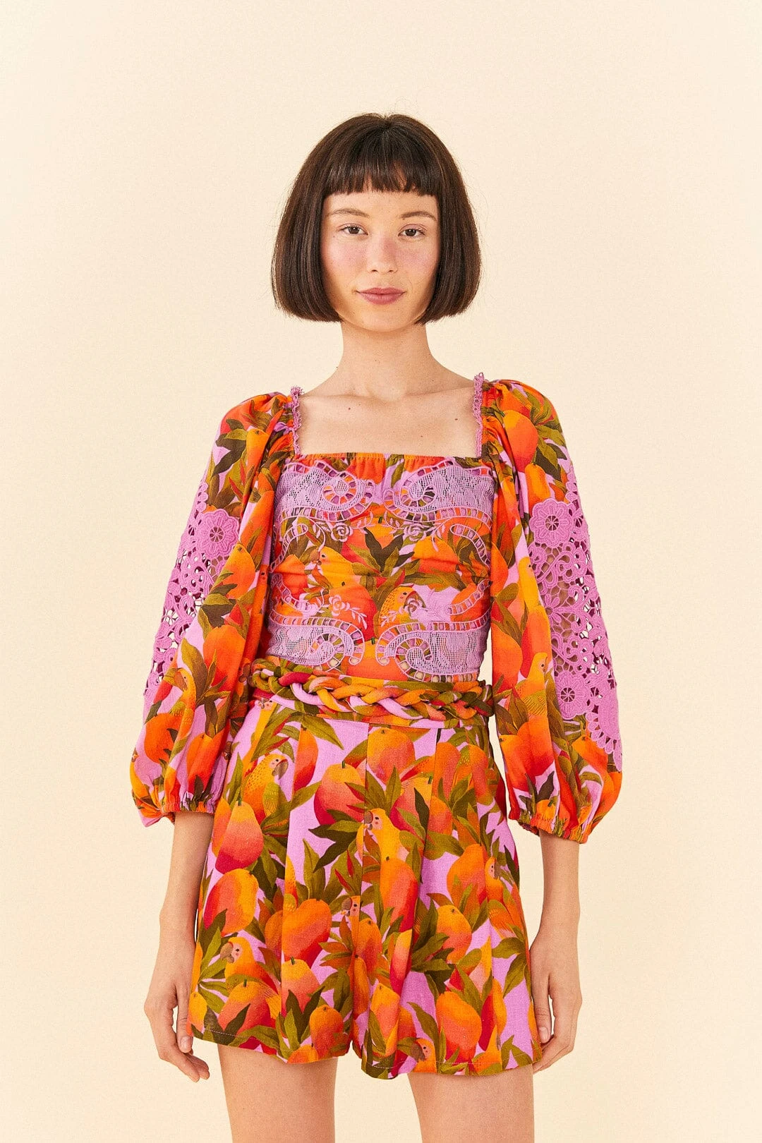 Farm Rio Lilac Mango Macaws Shorts 4 Farm Rio Lilac Mango Macaws Shorts - Image 2