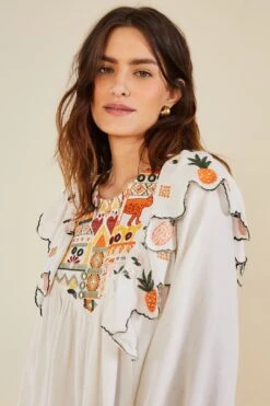 Farm Rio White Embroidered Fall Leaf Blouse -Farm Rio 309103 03