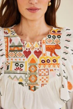 Farm Rio White Embroidered Fall Leaf Blouse -Farm Rio 309103 05