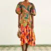 Farm Rio Coral Mixed Graphic Macaws Puff Sleeve Midi Dress -Farm Rio 309162 01