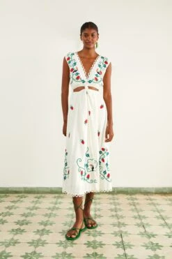 Farm Rio Cross Stitch Toucan Embroidered Midi Dress
