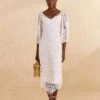 Farm Rio Off-White Guipure Midi Dress