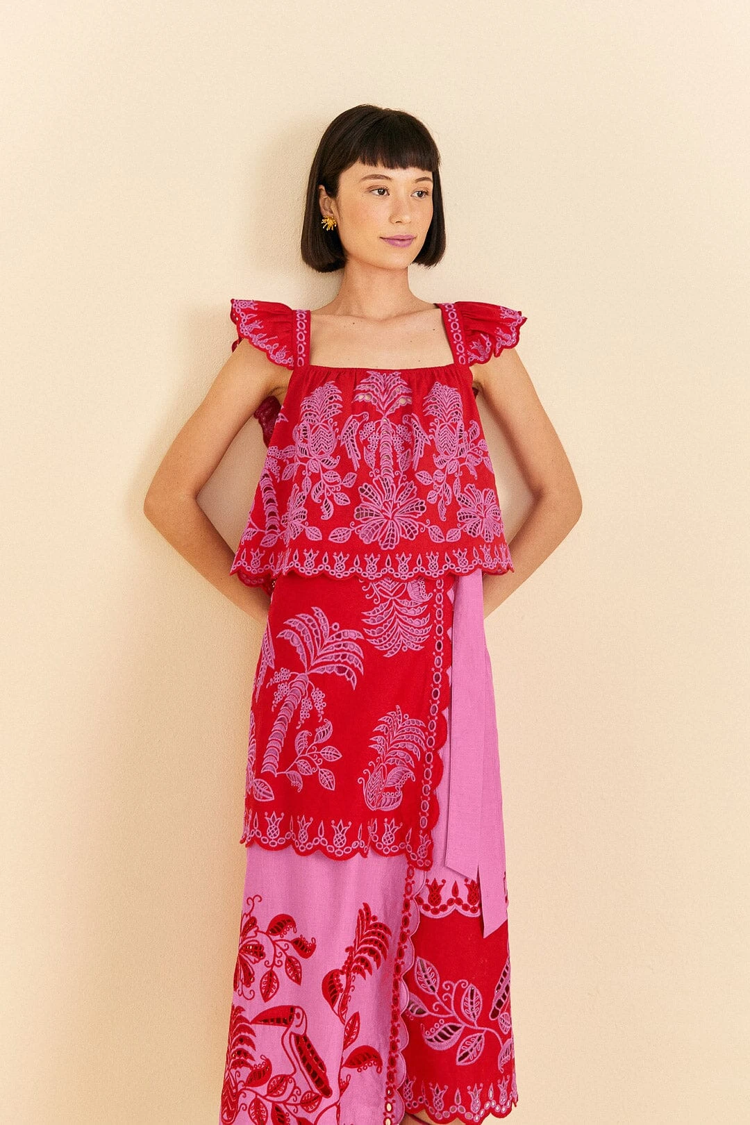 Farm Rio Red Palm Tree Richelieu Midi Skirt 4 Farm Rio Red Palm Tree Richelieu Midi Skirt - Image 2