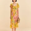 Farm Rio Yellow Macaw Bloom Puff-Sleeve Midi Dress 2 Farm Rio Yellow Macaw Bloom Puff-Sleeve Midi Dress -Farm Rio 309293 01