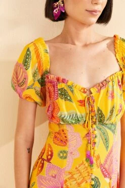 Farm Rio Yellow Macaw Bloom Puff-Sleeve Midi Dress -Farm Rio 309293 03