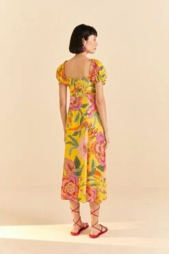Farm Rio Yellow Macaw Bloom Puff-Sleeve Midi Dress -Farm Rio 309293 04