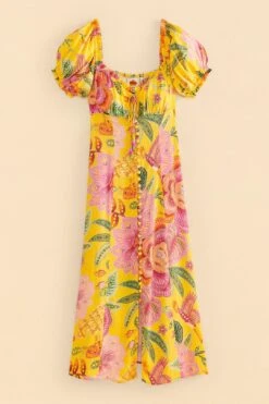 Farm Rio Yellow Macaw Bloom Puff-Sleeve Midi Dress -Farm Rio 309293 06