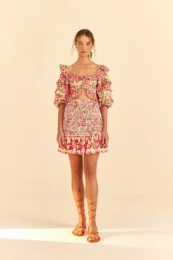 Farm Rio Pink Painted Bananas Smocked Mini Skirt