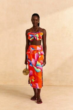 Farm Rio Red Ombre Chita Midi Skirt