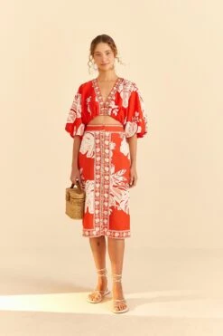 Farm Rio Red Lace Monsteras Midi Skirt -Farm Rio 309392 02