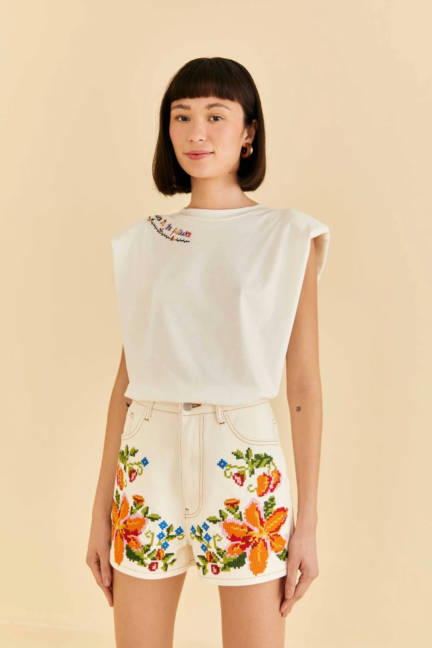 Farm Rio Embroidered Floral Twill Shorts 4 Farm Rio Embroidered Floral Twill Shorts - Image 2