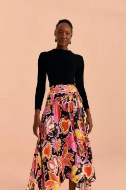 Farm Rio Black Enchanted Nature Lenzing™ Ecovero™ Viscose Midi Skirt