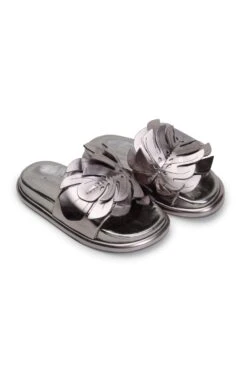 Farm Rio Metallic Silver Monstera Anatomic Slide Sandal