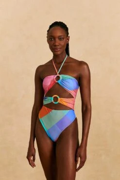 Farm Rio Blue Painted Birds Plaid Halter Neck One-Piece Swimsuit