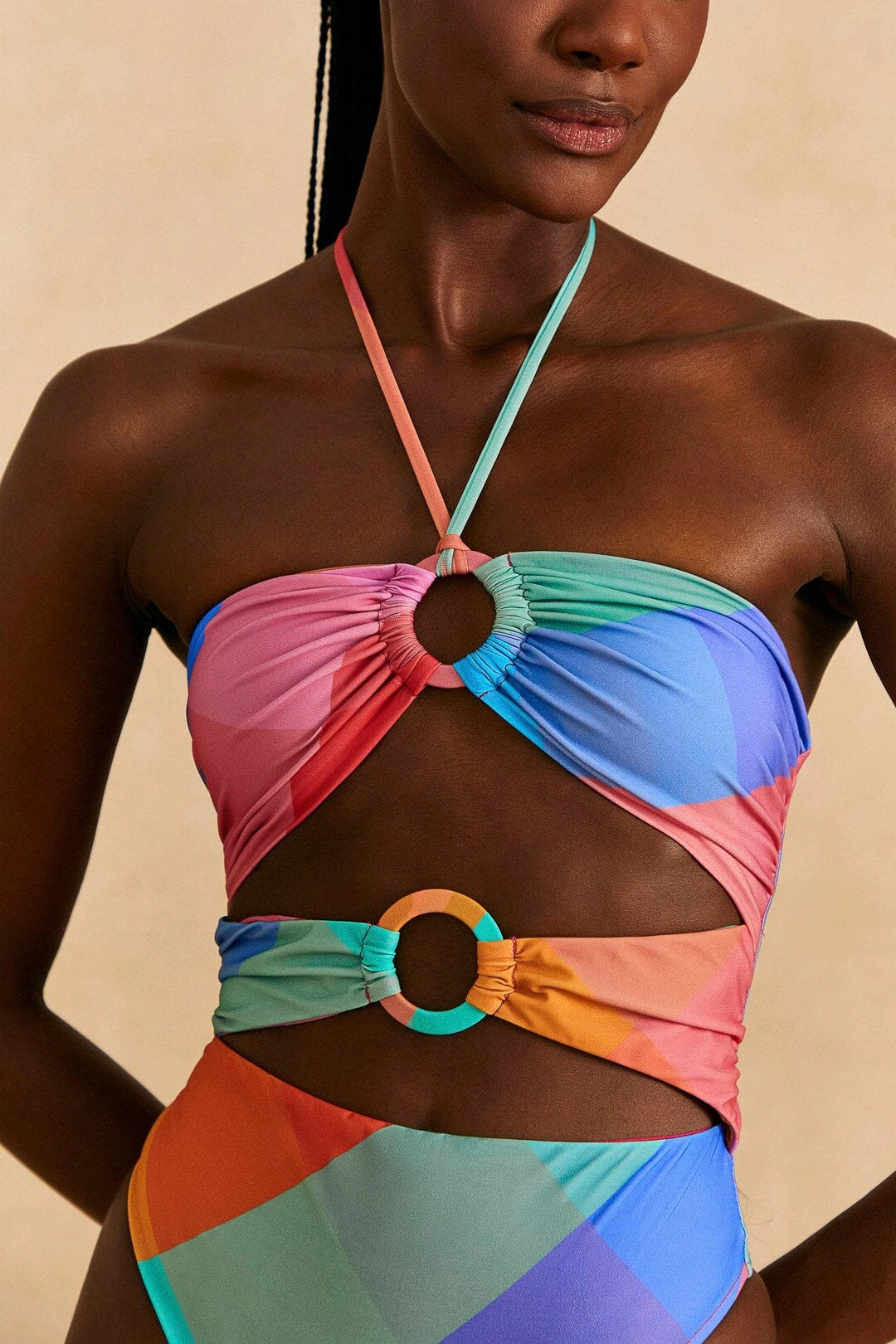 Farm Rio Blue Painted Birds Plaid Halter Neck One-Piece Swimsuit 4 Farm Rio Blue Painted Birds Plaid Halter Neck One-Piece Swimsuit - Image 2