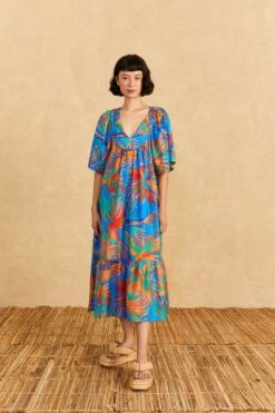 Farm Rio Blue Painted Birds Maxi Cover-Up