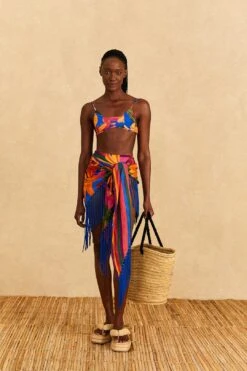 Farm Rio Blue Floral Tropical & Colorful Stripes Sarong