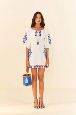 Farm Rio Off-White Navy Embroidery Mini Dress