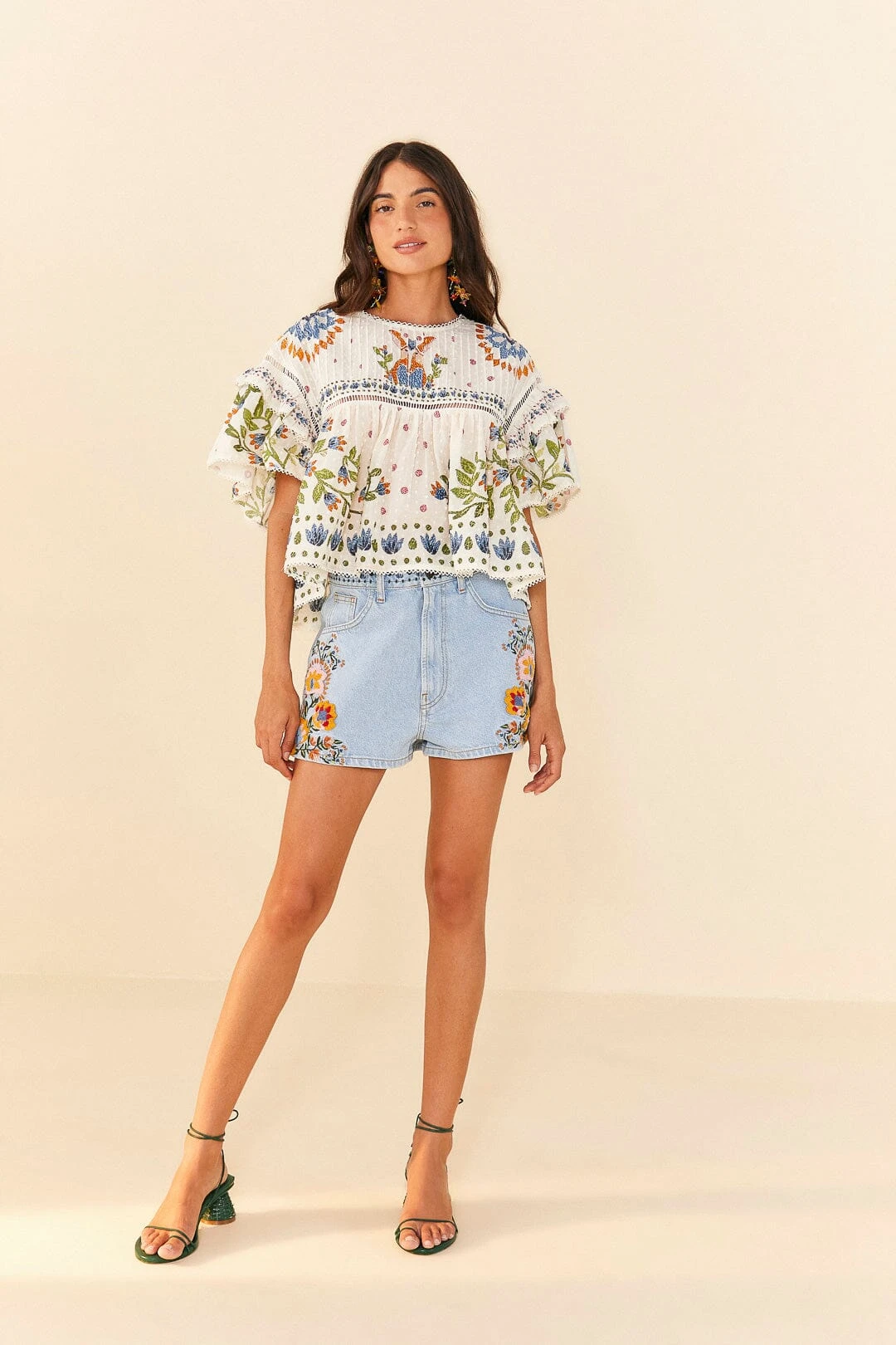Farm Rio Summer Garden Embroidered Denim Shorts 4 Farm Rio Summer Garden Embroidered Denim Shorts - Image 2