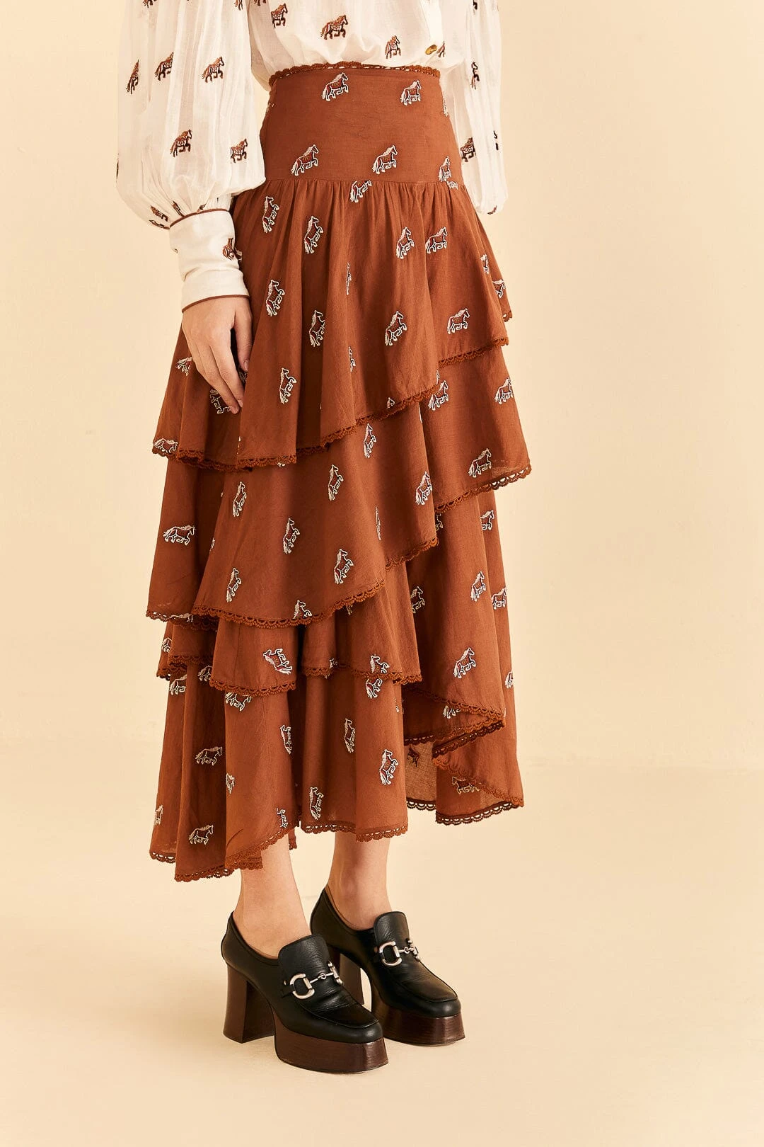 Farm Rio Caramel Embroidered Horses Layered Maxi Skirt 4 Farm Rio Caramel Embroidered Horses Layered Maxi Skirt - Image 2