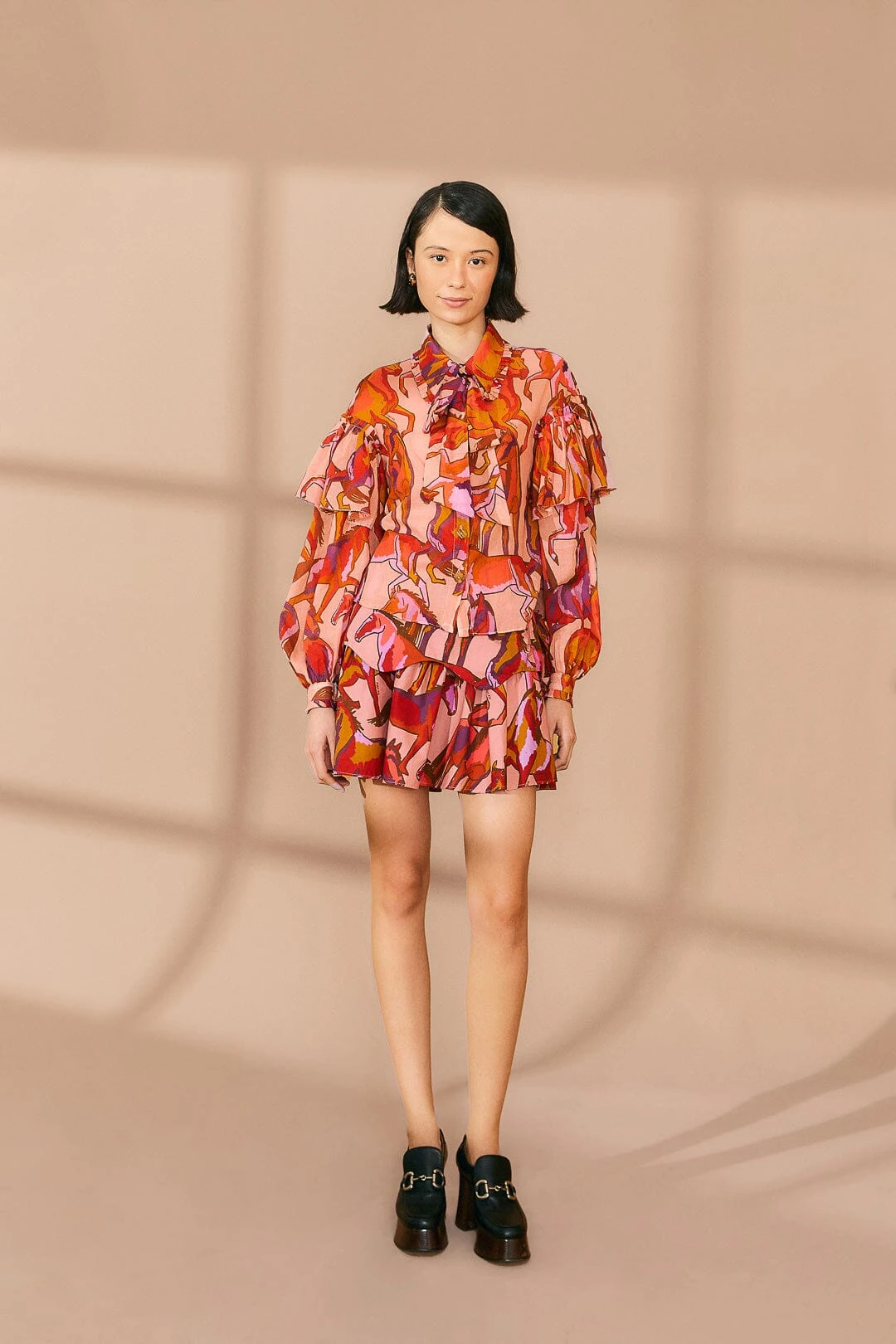 Farm Rio Rose Wild Horses Bow Neck Tie Blouse 4 Farm Rio Rose Wild Horses Bow Neck Tie Blouse - Image 2