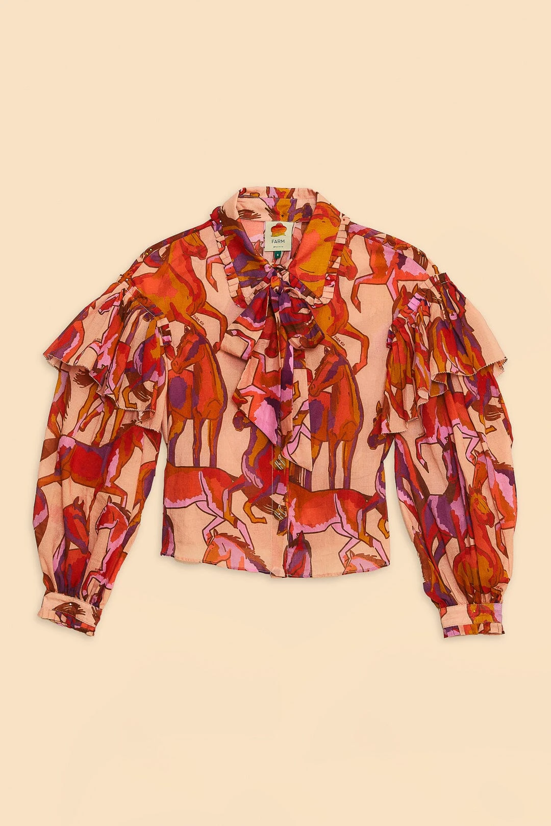 Farm Rio Rose Wild Horses Bow Neck Tie Blouse 8 Farm Rio Rose Wild Horses Bow Neck Tie Blouse - Image 6