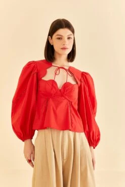 Farm Rio Red Heart Shaped Neckline Blouse
