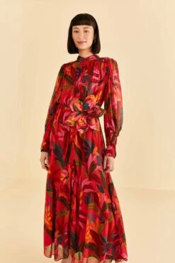 Farm Rio Red Rooster Leaves Long Sleeve Maxi Dress