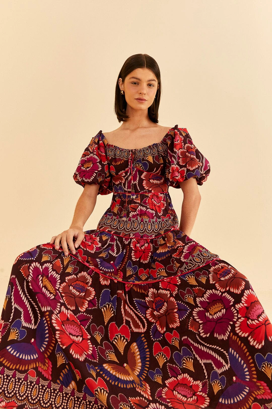 Farm Rio Brown Bright Flora Short Sleeve Midi Dress 3 Farm Rio Brown Bright Flora Short Sleeve Midi Dress