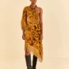 Farm Rio Golden Yellow Velvet One Shoulder Fringe Dress -Farm Rio 312168 01