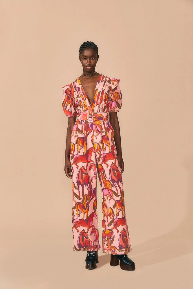 Farm Rio Rose Wild Horses Pleated Short Sleeve Jumpsuit 4 Farm Rio Rose Wild Horses Pleated Short Sleeve Jumpsuit - Image 2