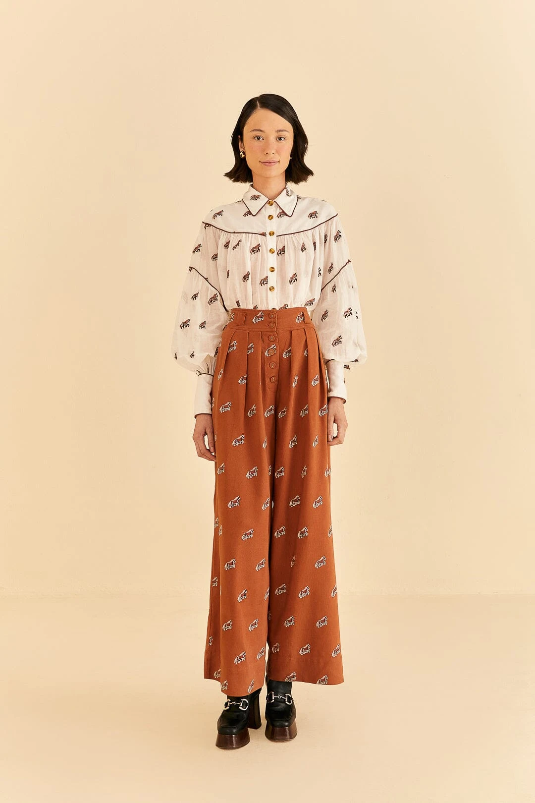 Farm Rio Caramel Embroidered Horses Pants 3 Farm Rio Caramel Embroidered Horses Pants