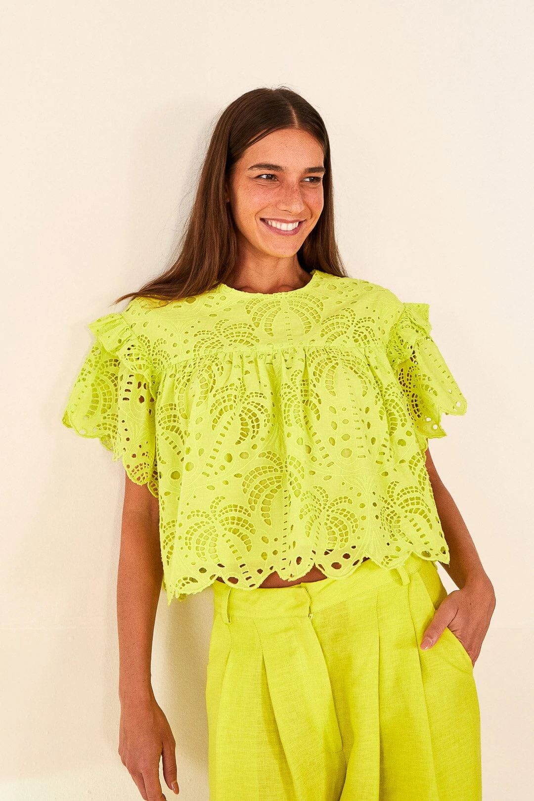Farm Rio Lime Green Palm Tree Richelieu Blouse 3 Farm Rio Lime Green Palm Tree Richelieu Blouse