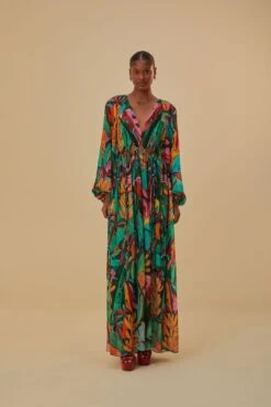 Farm Rio Banana Foliage V Neckline Maxi Dress