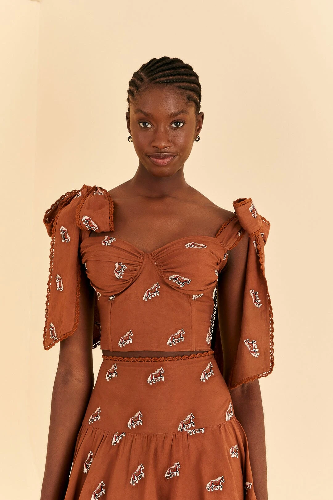 Farm Rio Caramel Embroidered Horses Crop Top 3 Farm Rio Caramel Embroidered Horses Crop Top